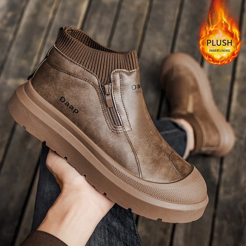 

Winter Luxury Brand Men Casual Shoes Fashion Leather Ankle Boots with Fur Outdoor Warm Man Cotton Shoes Anti Slip Walking Shoes