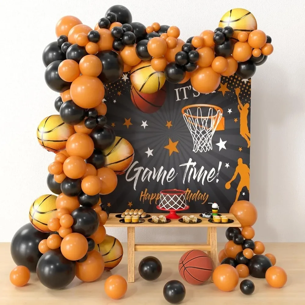 136pcs Basketball Balloon Set, Orange Black Balloon Chain Basketball Set, Boys Birthday Party Sports Themed Balloon Supplies