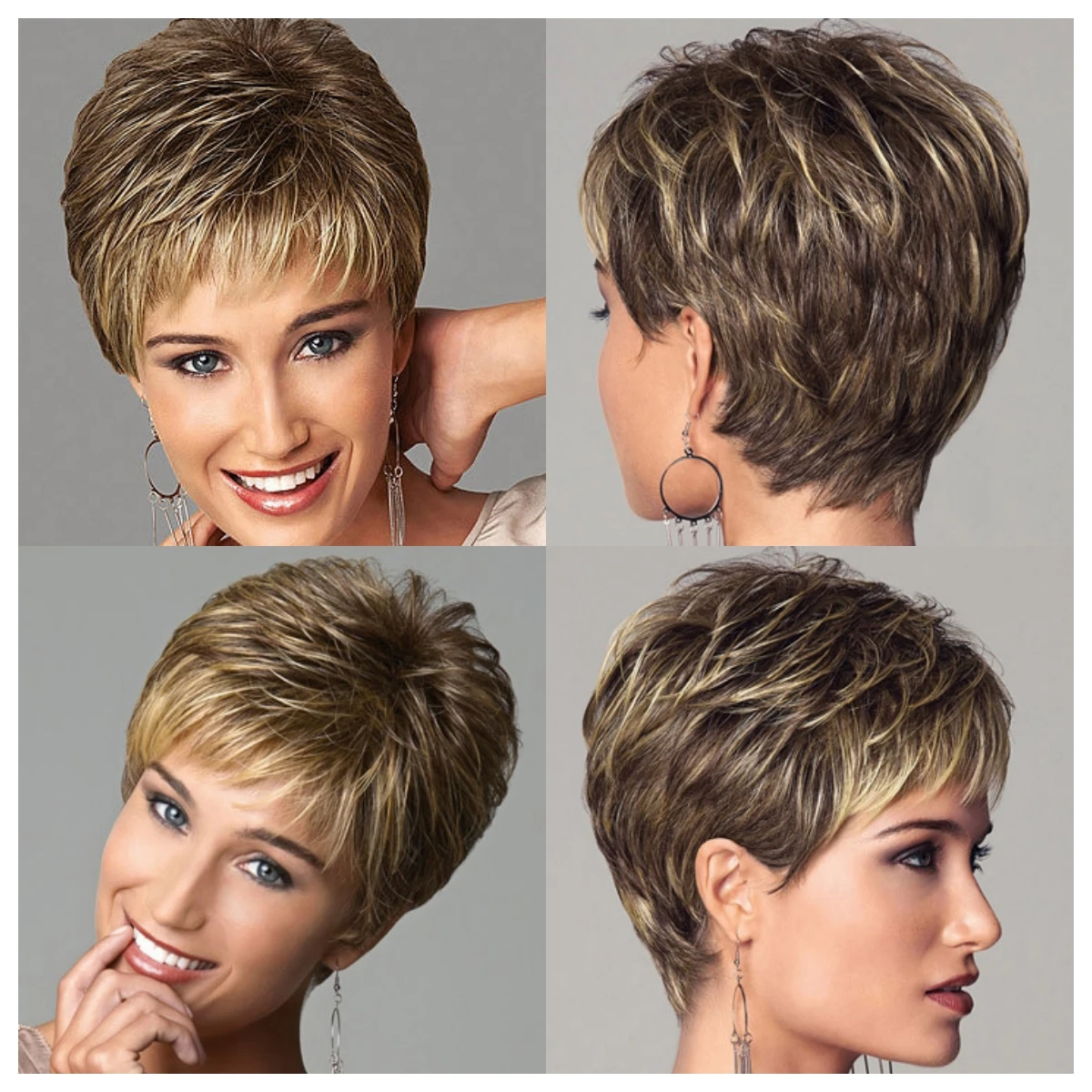 GNIMEGIL Synthetic Natural Pixie Cut Wigs for Women Blonde Mix Brown Short Straight Haircut Ombre Layered Mommy Wig with Bangs