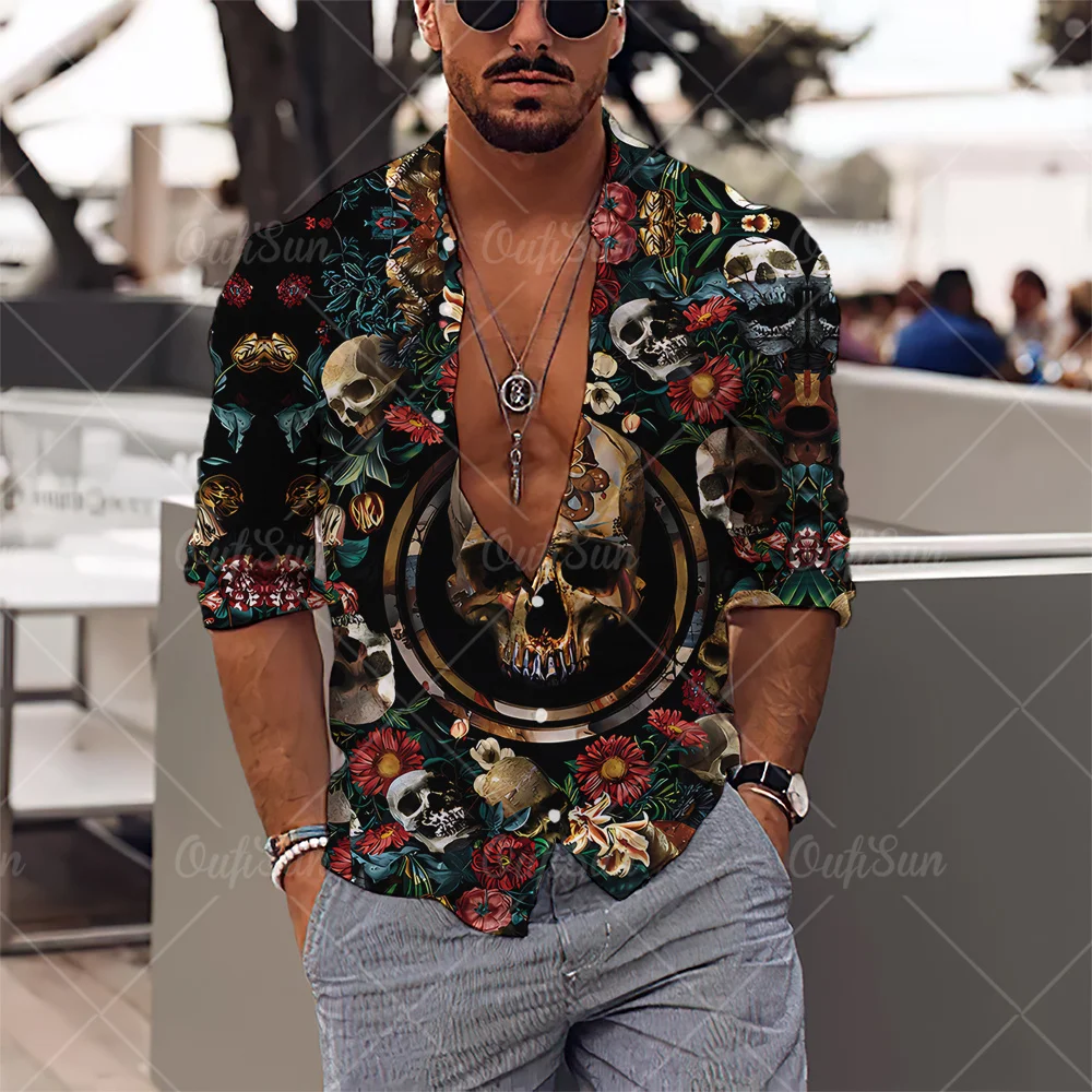 2024 Terror Skull Long Sleeve Floral Shirts Men 3d Print Male Autumn Spring Casual Fashion Streetwear Hip Pop Lapel Top Clothes