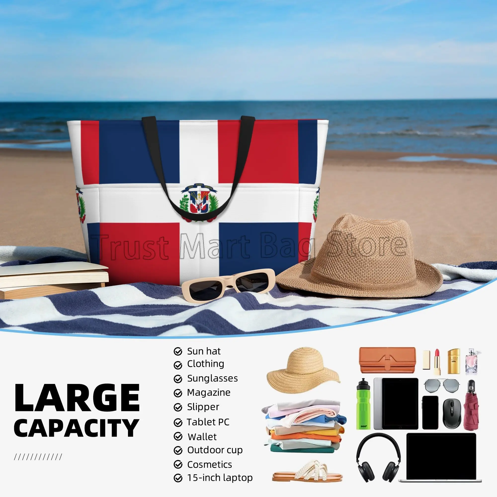 Dominican Republic Flag Waterproof Beach Tote Pool Bags for Women Ladies Extra Large Gym Tote Carry on Bag for Vacation Travel