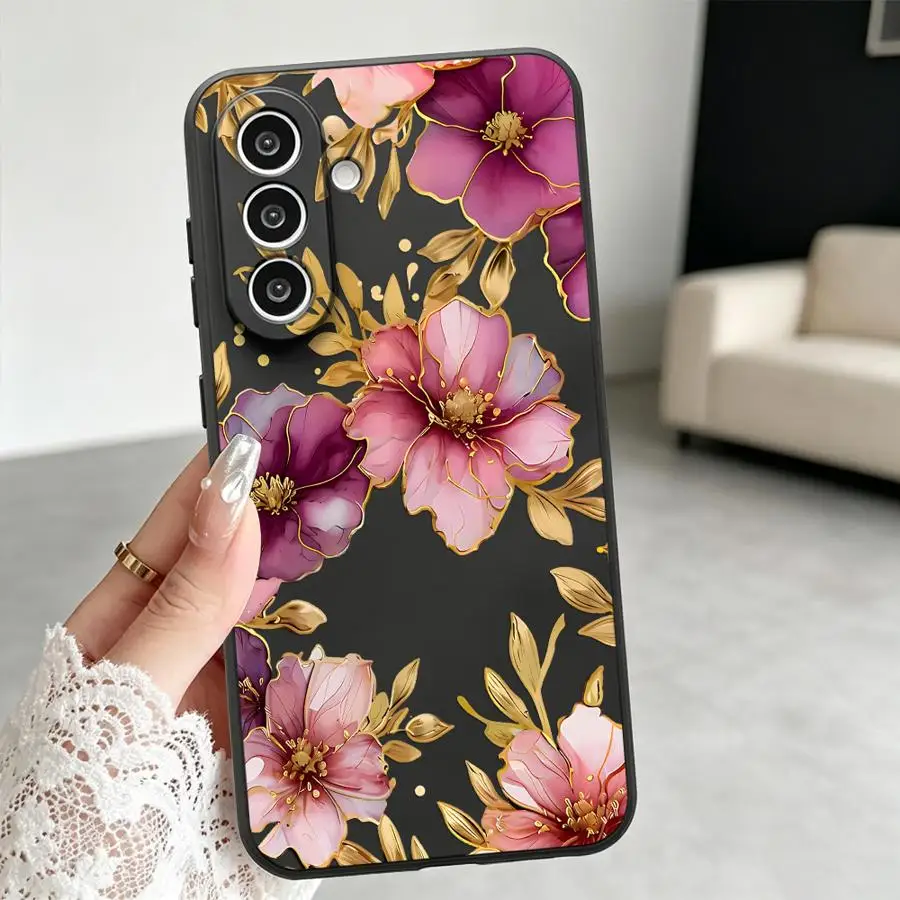Gold Outline Flower Case for Samsung Galaxy A57 A05 A15 A53 A17 A06 A55 A25 A16 A37 A23 A52 A36 A73 A51 Phone Cover A41 A70 A12
