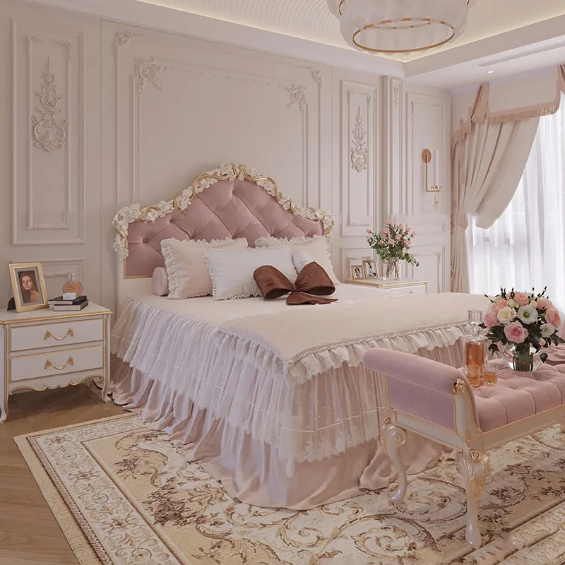 

European Princess Wood Bed Wedding Square Design Unique Modern Bed Light Luxury Bedroom Letto Matrimonialetrendy Furniture