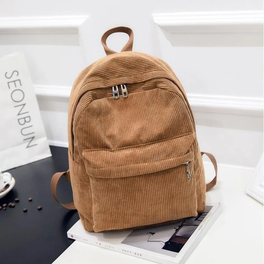 Solid Color Corduroy Backpack Zippered Wear-resistant Student Schoolbag Large Capacity Unisex Travel Knapsack University Student