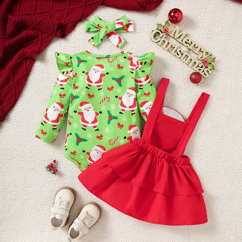 3pcs Christmas Baby girl Outfit Cute Cartoon All over Print Bodysuit Applique Solid Suspender Dress Sets with Headband