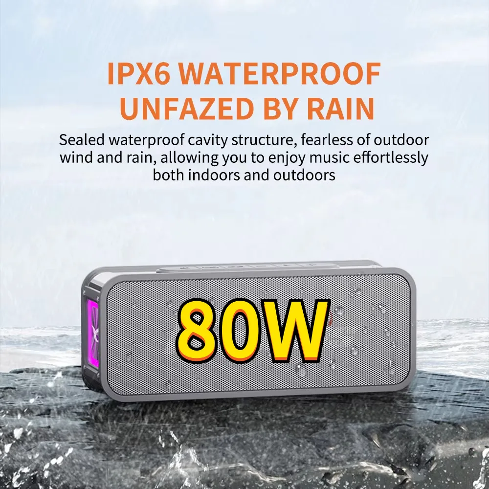 80W Portable Wireless Speakers with RGB Light Outdoor IPX6 Waterproof Bluetooth Speaker TWS Subwoofer Deep Bass USB TF Card AUX