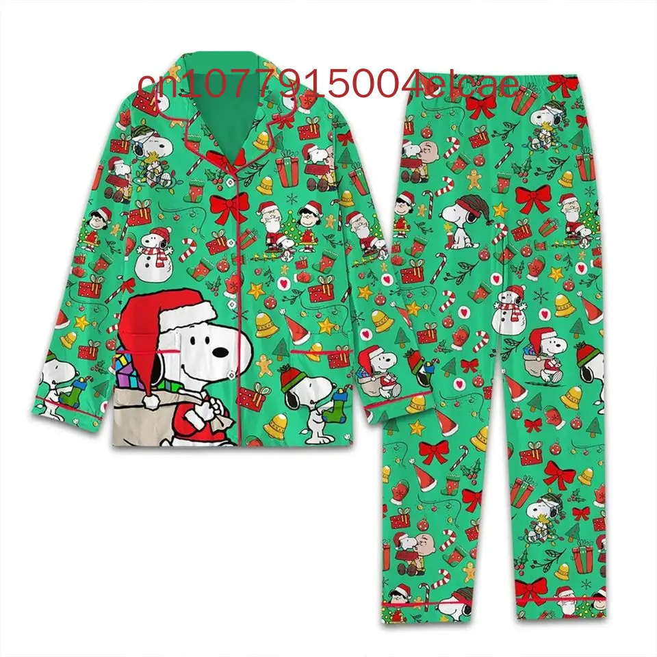 2024 New Snoopy Christmas Pajama Set Disney Casual Men\'s and Women\'s Long Sleeve Shirt Pajama Set