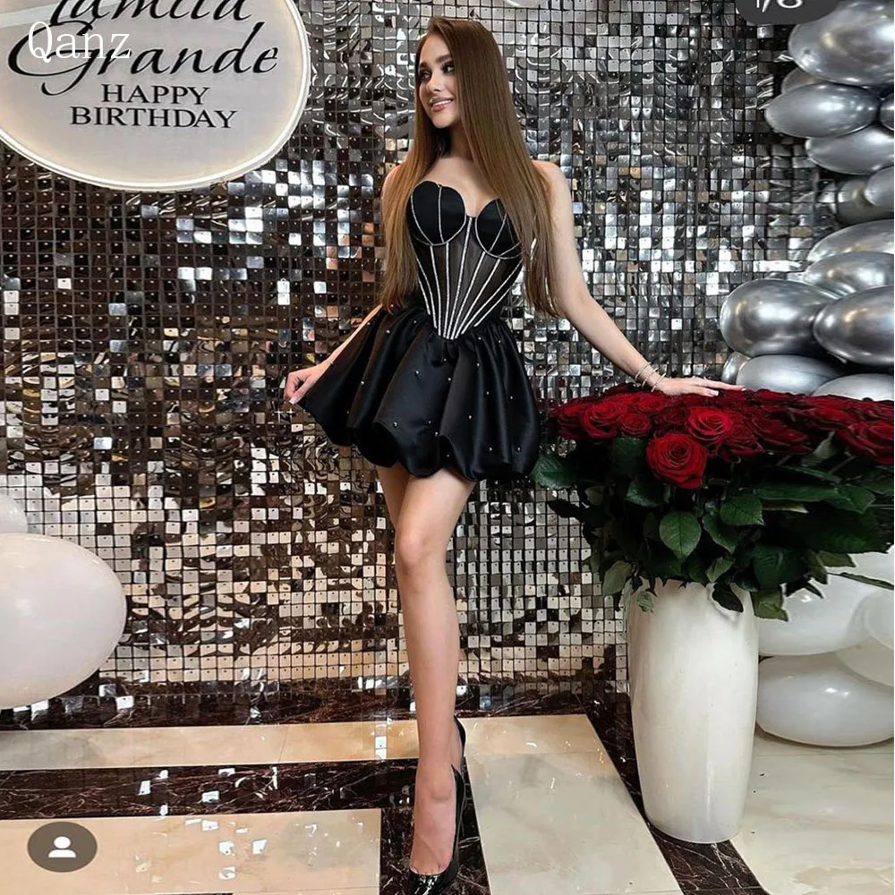 

Qanz Short Black Evening Dresses Robes De Soirée Cocktail Dresses With Crystals Sweetheart Mini Party Dress Girls Prom Gowns