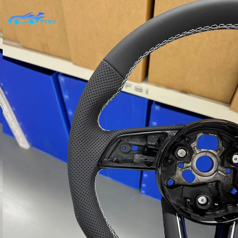 For Audi RS3 RS4 RS5 A3 A4 B9 A5 S3 S4 S5 2017-2020 flat-bottom sports perforated leather steering wheel, white stitching view 2