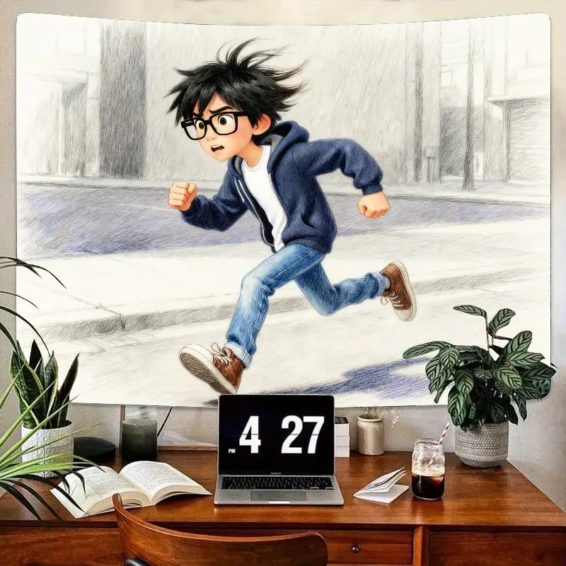 

1 шт. динамический гобелен с изображением аниме для мальчика, очки, городская улица, настенное искусство, современный эстетический полиэстер, декор для спальни в общежитии, подарок для Te