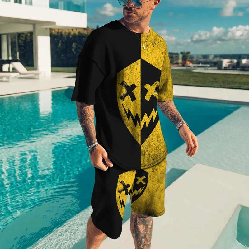 New Summer Men's T shirts Shorts 2 Piece Suit Little Devil 3D Printing Short Sleeve Oversize Sportswear Hip Hop Set Men Clothing