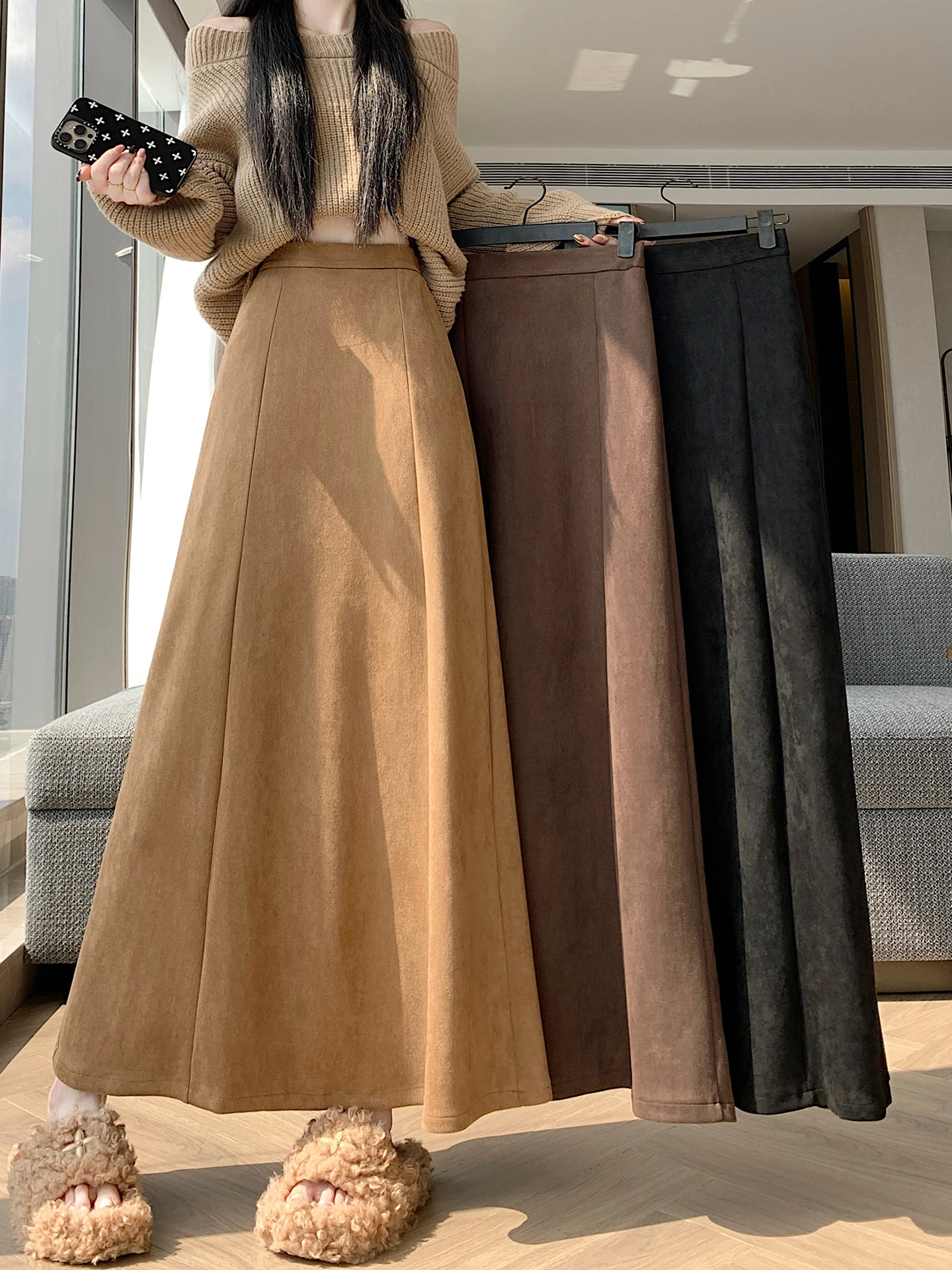 

Caramel Brown Mermaid f Skirt Women's Autumn Winter High Waist Belly Covering Slimming A-Line Skirt Deer Skin Velvet