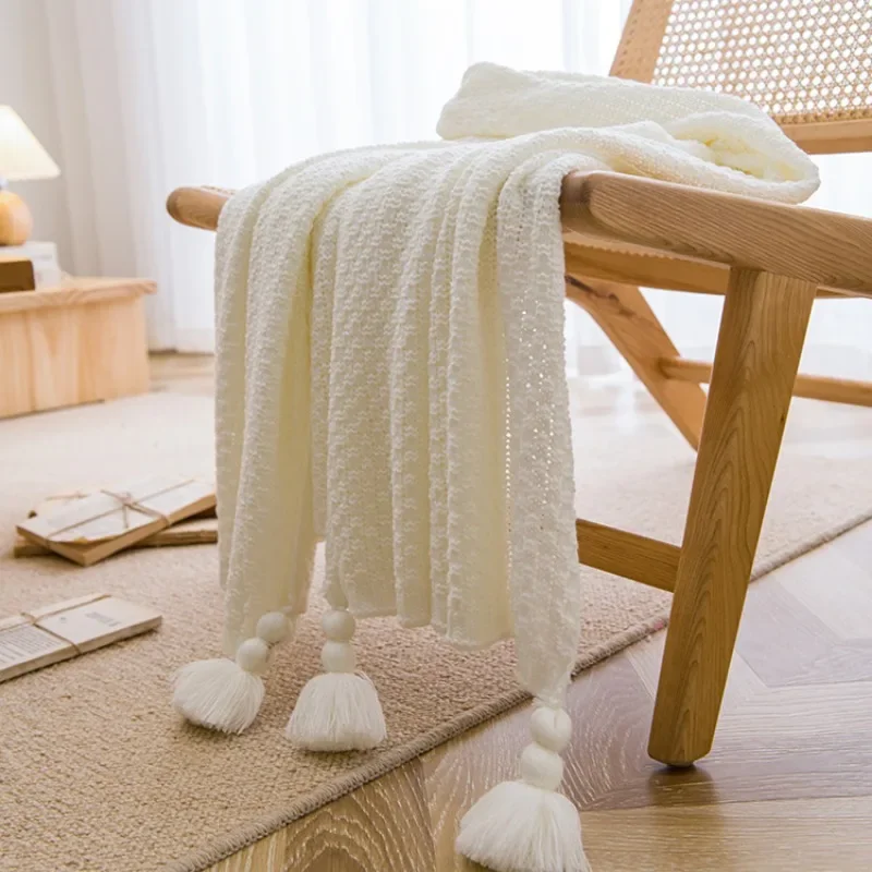 Nordic Retro Chunky Tassel Throw Blanket Boho Knitted Sofa Cover with Large Pompoms Waffle Texture Bed Runner for Living Room