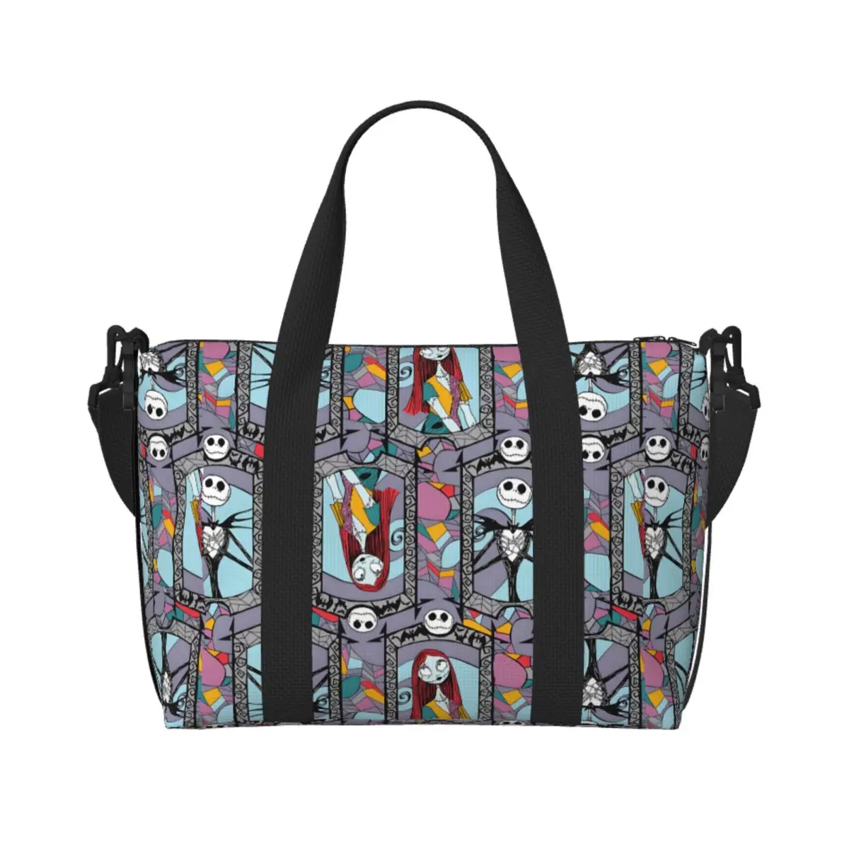 

Custom Halloween Horror Vintage Skull Jack Sally In Love Pattern Tote Bag Capacity Christmas Beach Gym Shoulder Travel Bag