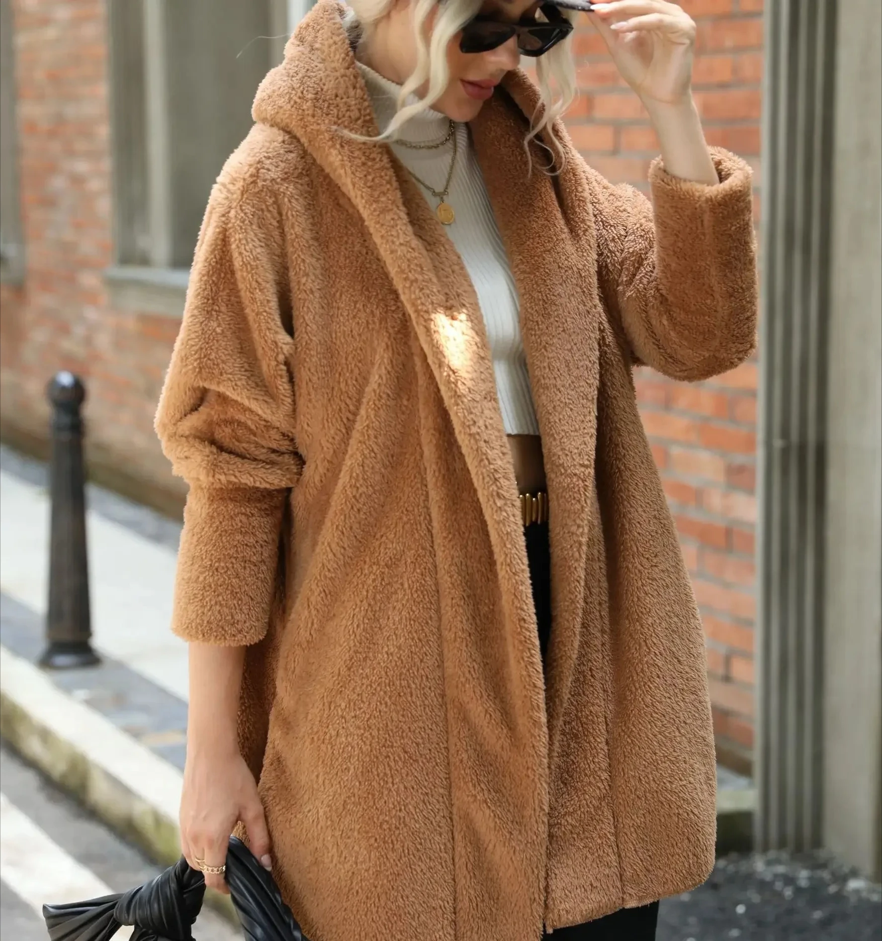 

Double Sided Fleece Cardigan Long Velvet Touch Coat Lapel Collar Open Front Loose Fit Casual Elegant Outerwear