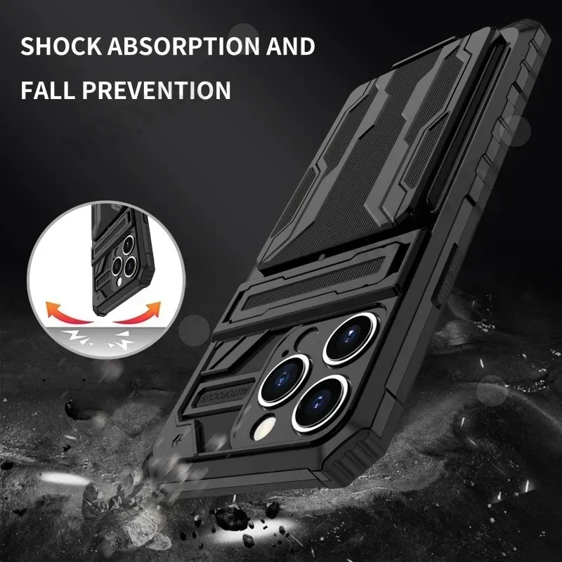 Case For iPhone 16 15 14 13 12 11 Pro Max Plus XR 8 7 Plus Anti Shock KickStand Bracket Card Slot Case