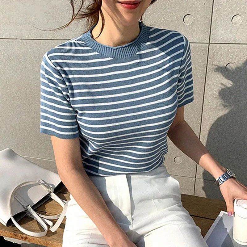 Summer Knit Striped T-shirt O-neck Short Sleeve Top Women\'s Casual  Office Knitwear Tee Female Fashion All-matched Shirt Tops