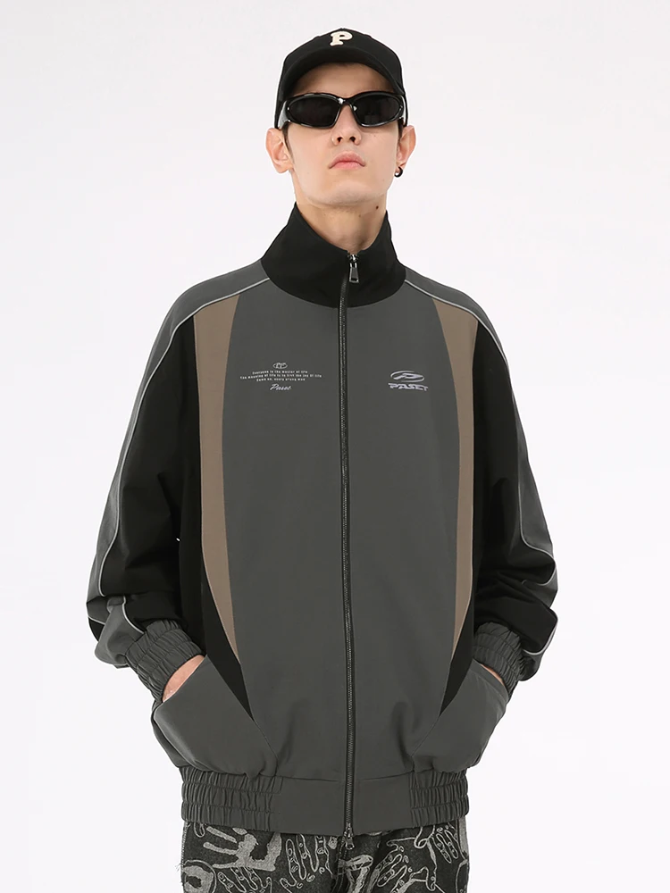 

PASET 25AW Retro patchwork outdoor bomber jacket for men stand collar color-blocked loose top street wear hiphop