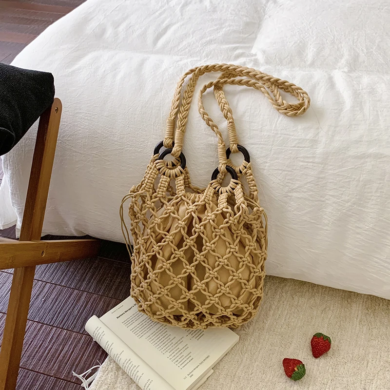 Summer Beach Bag For Women Mesh Rope Knitting Shoulder Bags Reticulate Hollow Out Travel Shopper Totes Ladies Fashion Handbag