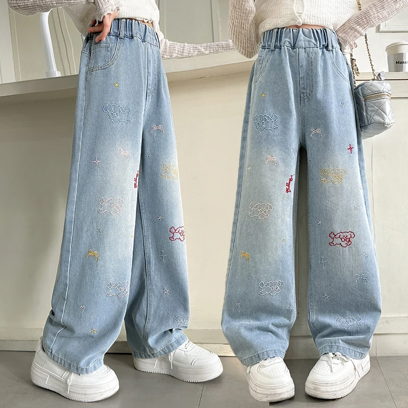 Kids Stylish Stretchy Cartoon Embroidery Jeans for Tweens Girl High Street Fashion Dog Denim Pants Child Casual Jeans Trousers