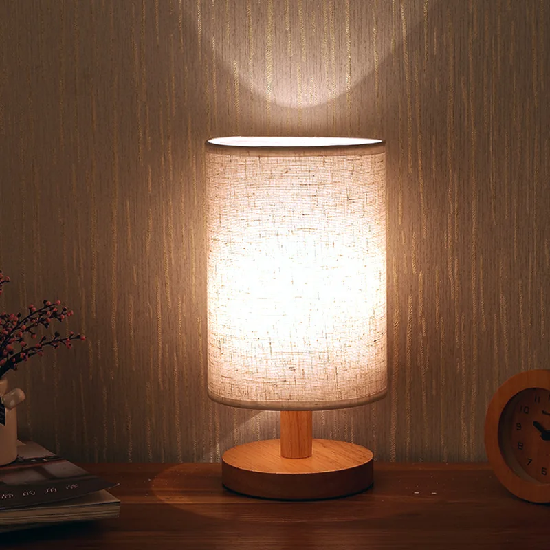 Scandinavian Wood USB Desk Lamp, Remote Control LED Night Light, Fabric Shade for Bedroom Study Room Decor