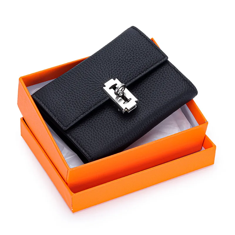 Gift Box Leather Short Three-fold Small Purse Women's 2023 New Temperament Leather Folding Short Money Clip Multi-card Change