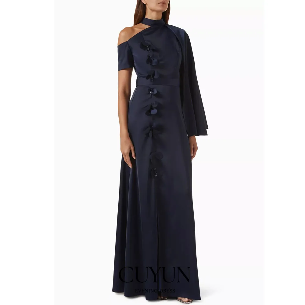 CUYUN Customized Elegant Evening Dresses for Special Occasions Navy Blue 3D Flowers Party Dress Side Slit Prom Gown Guest Wear