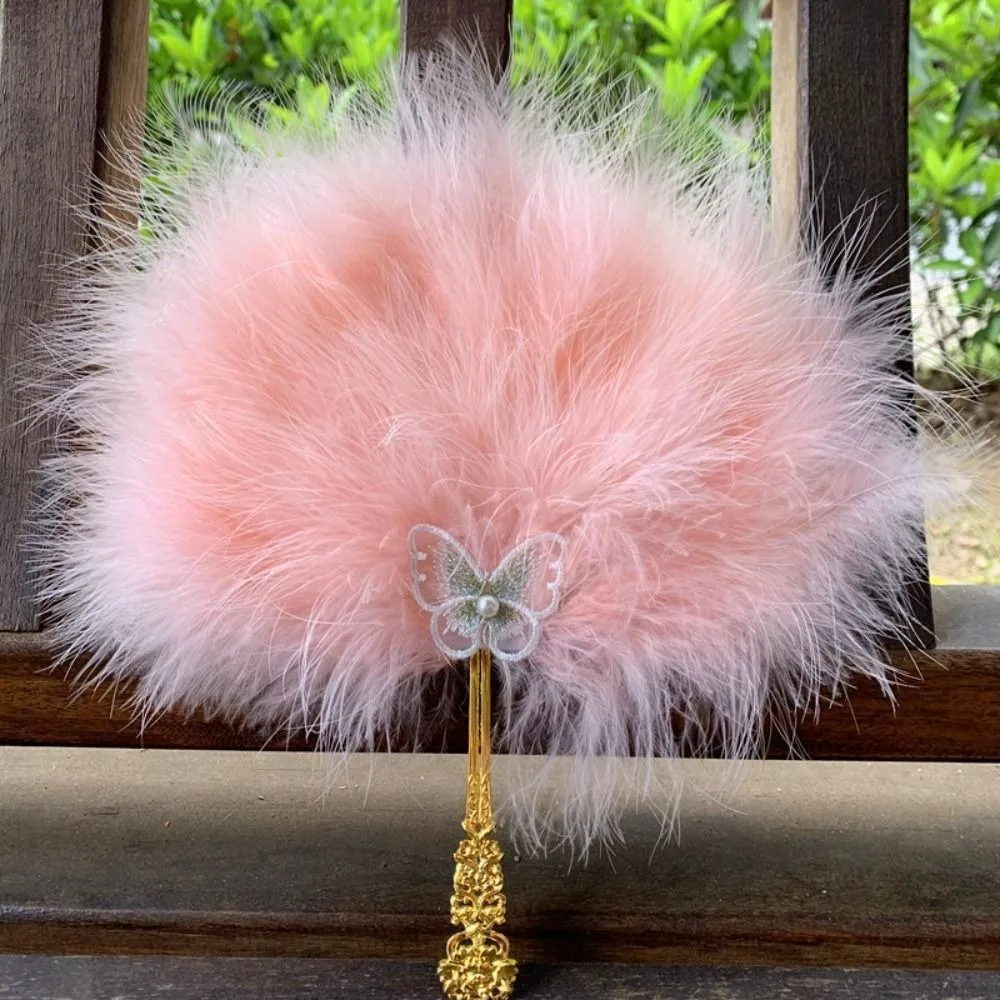 Vintage with Tassels Fairy Feather Fan Colorful Foldable Craft Fan Fluffy Photo Prop Dance Hand Fan