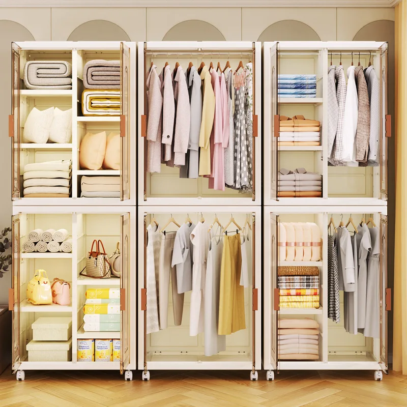 Folding storage cabinet double door large capacity bedroom clothes toy locker plastic floor multi-layer wardrobe