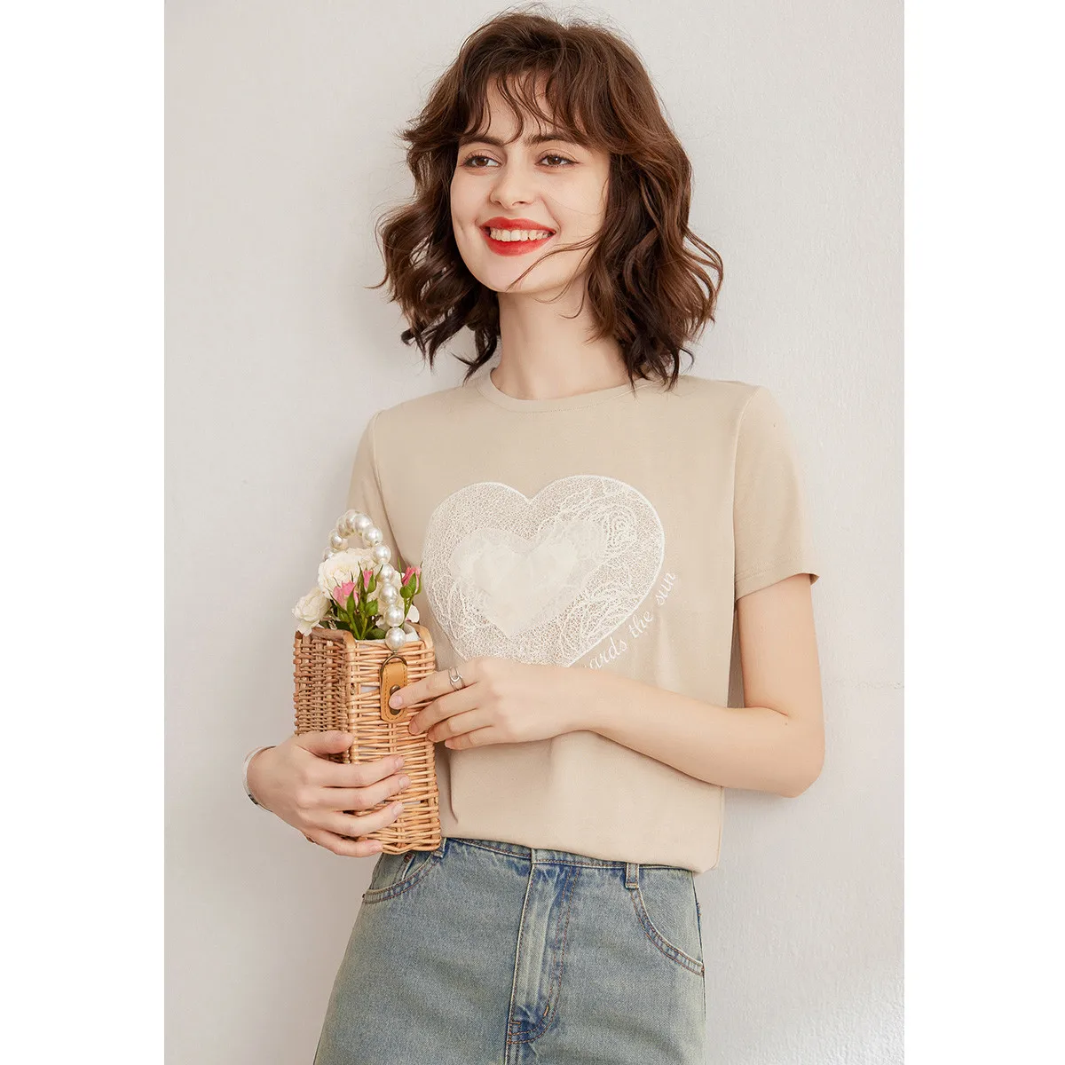 LOUIS YAO Women Embroidery T-shirt 2024 Summer Fashion Casual Tee O Neck Short Sleeve Mesh Heart Shape Pullover Top