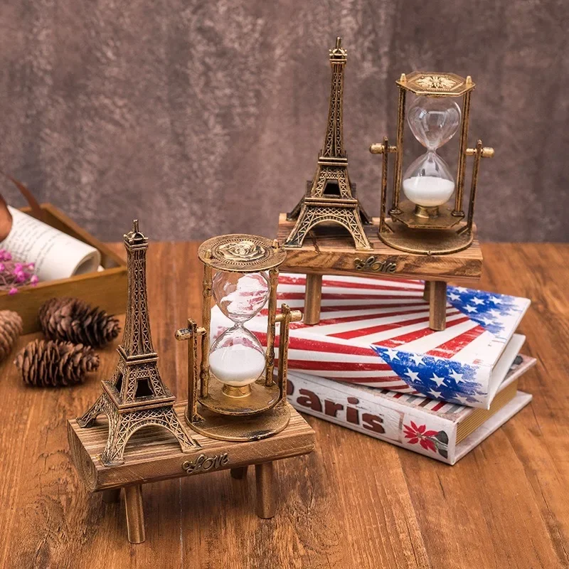 Creative Gifts Retro Eiffel Tower Hourglass Decoration Ornament on Desktop Simple Modern Home Study Wooden Pendulum Sand Timer