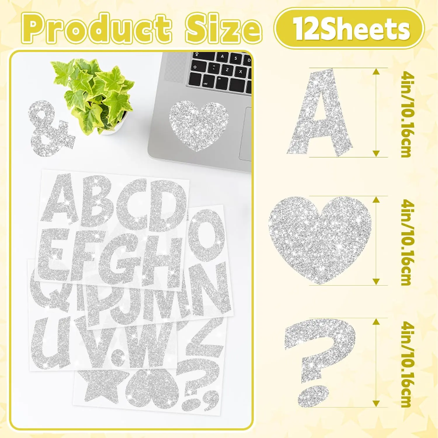 102Pcs Glitter Bulletin Board Letters, 12 Sheets Silver 4 Inch Self‑Adhesive Vinyl Alphabet Stickers, Large Stickers for Mailbox