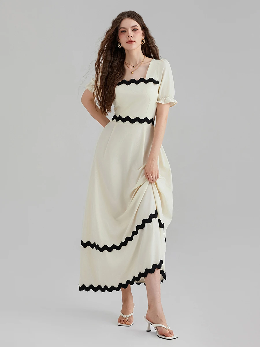 Womens Summer Dress Square Neck Short Puff Sleeve Casual Long Dress Ric Rac Tie Back Smocked A-Line Flowy Maxi Dress