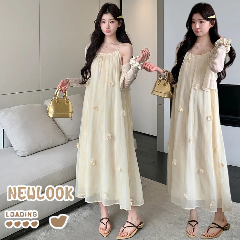 Woman Clothes Set Summer Maternity Dress Set Sweet Strap Dress with Long Sleeve Cardigans Pregnant