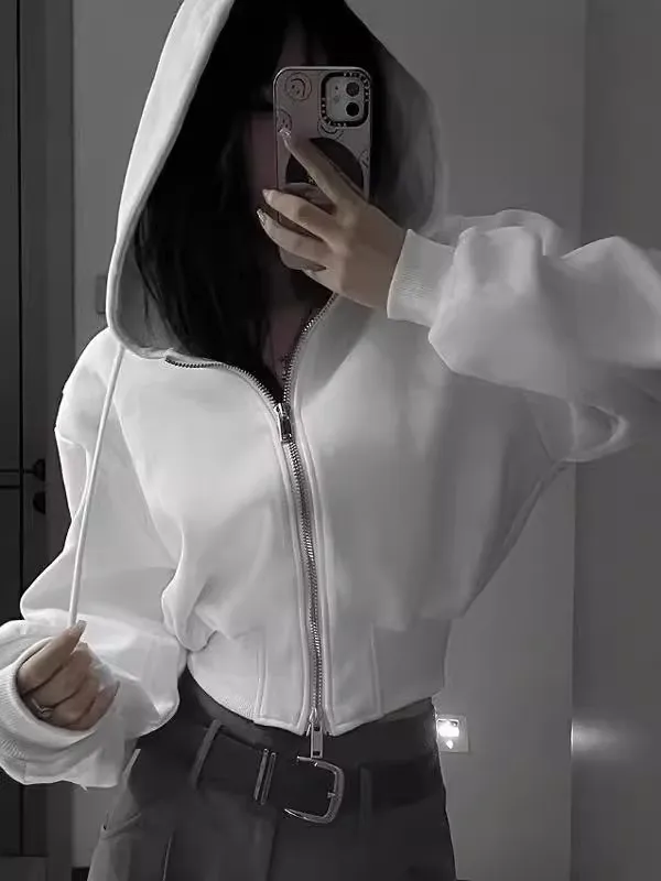 

Утепленная женская толстовка с капюшоном, модная, с открытыми плечами, весна-осень 2025, белая, в американском стиле, приталенная, короткая, с двойной молнией