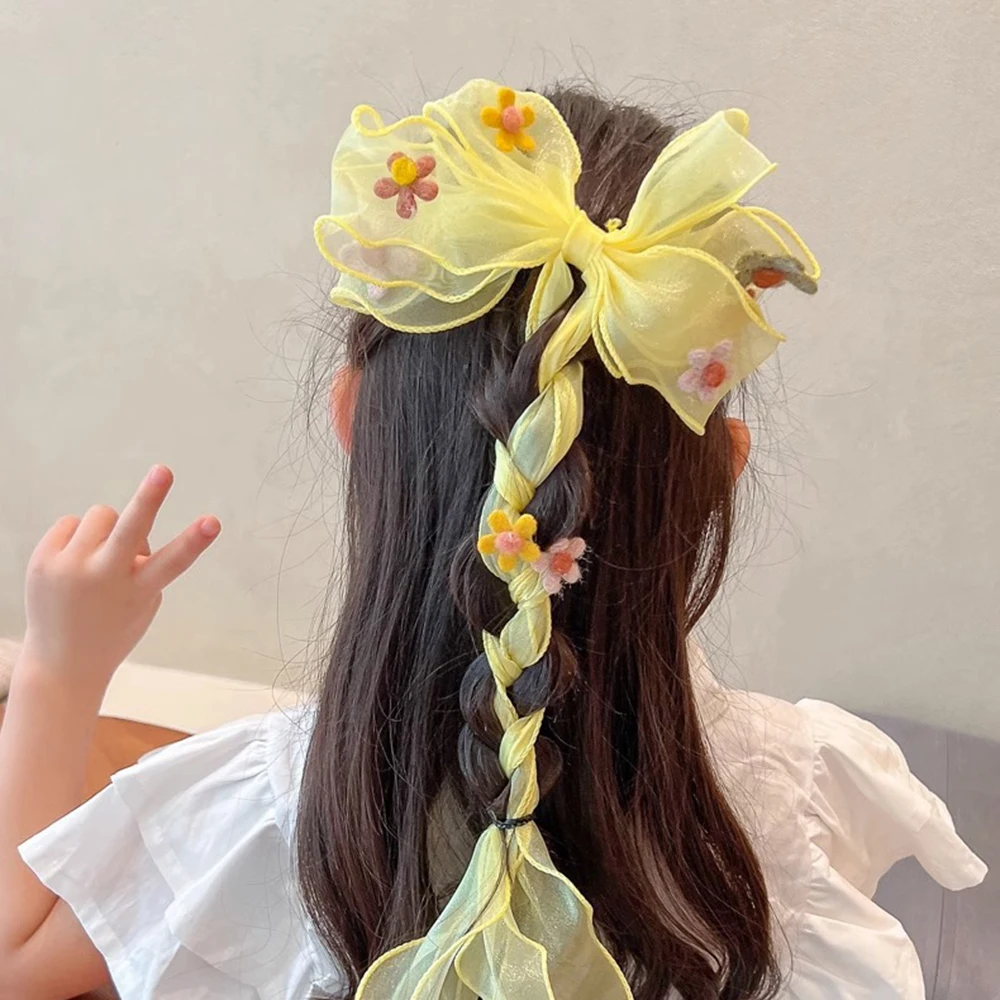 Students Hair Accessories Sweet Flower Bow Hair Clips For Girls Long Ribbon Chiffon Hairpin Children Kids Barrettes