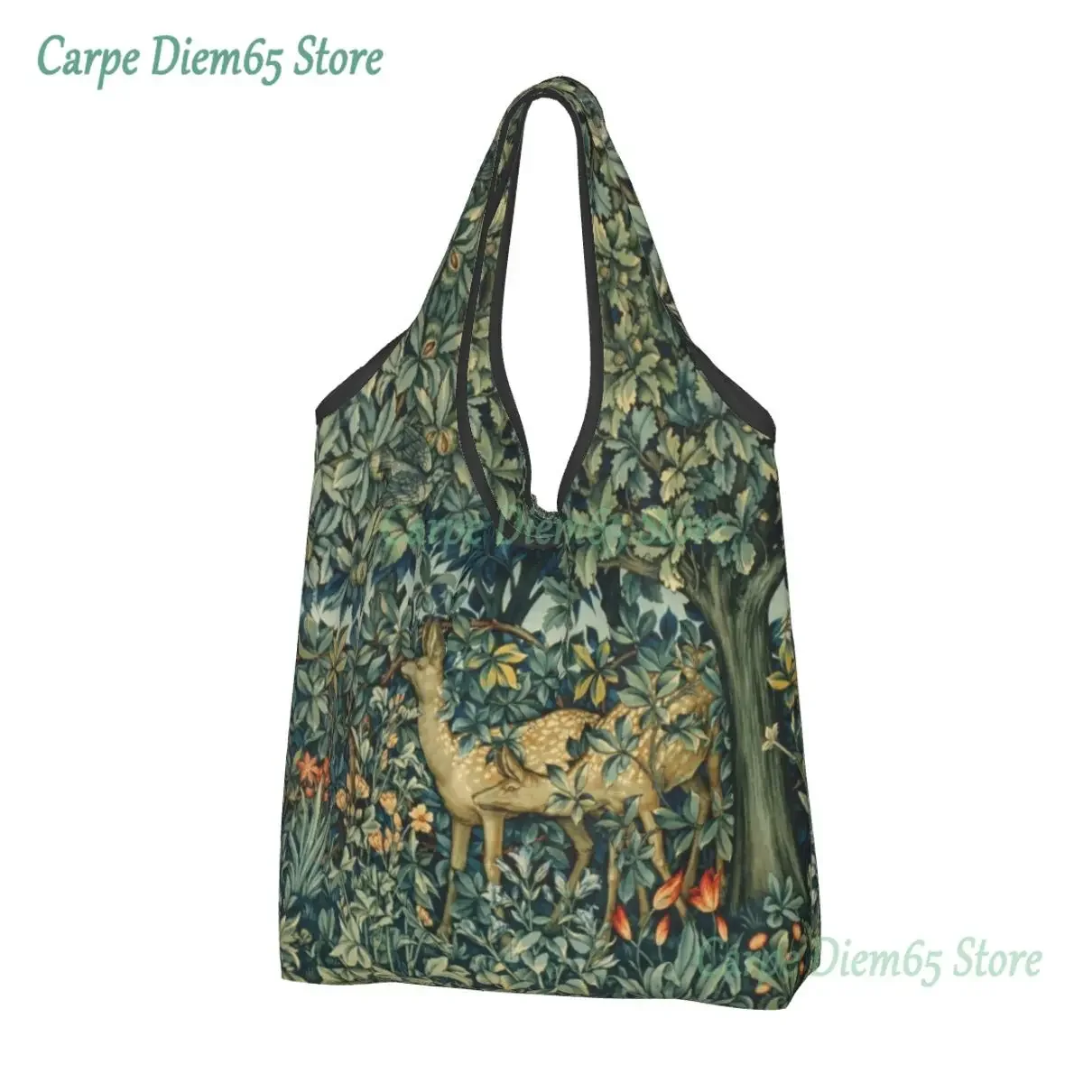 Custom William Morris Deers And Birds In Forest Shopping Bags Women Portable Big Grocery Floral Animal Art Shopper Tote Bags