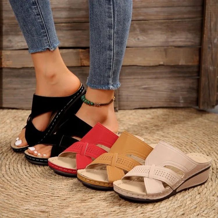 Summer Women Wedges Sandals Premium Orthopedic Open Toe Sandals Vintage Anti-slip Leather Casual Female Platform Retro Slippers