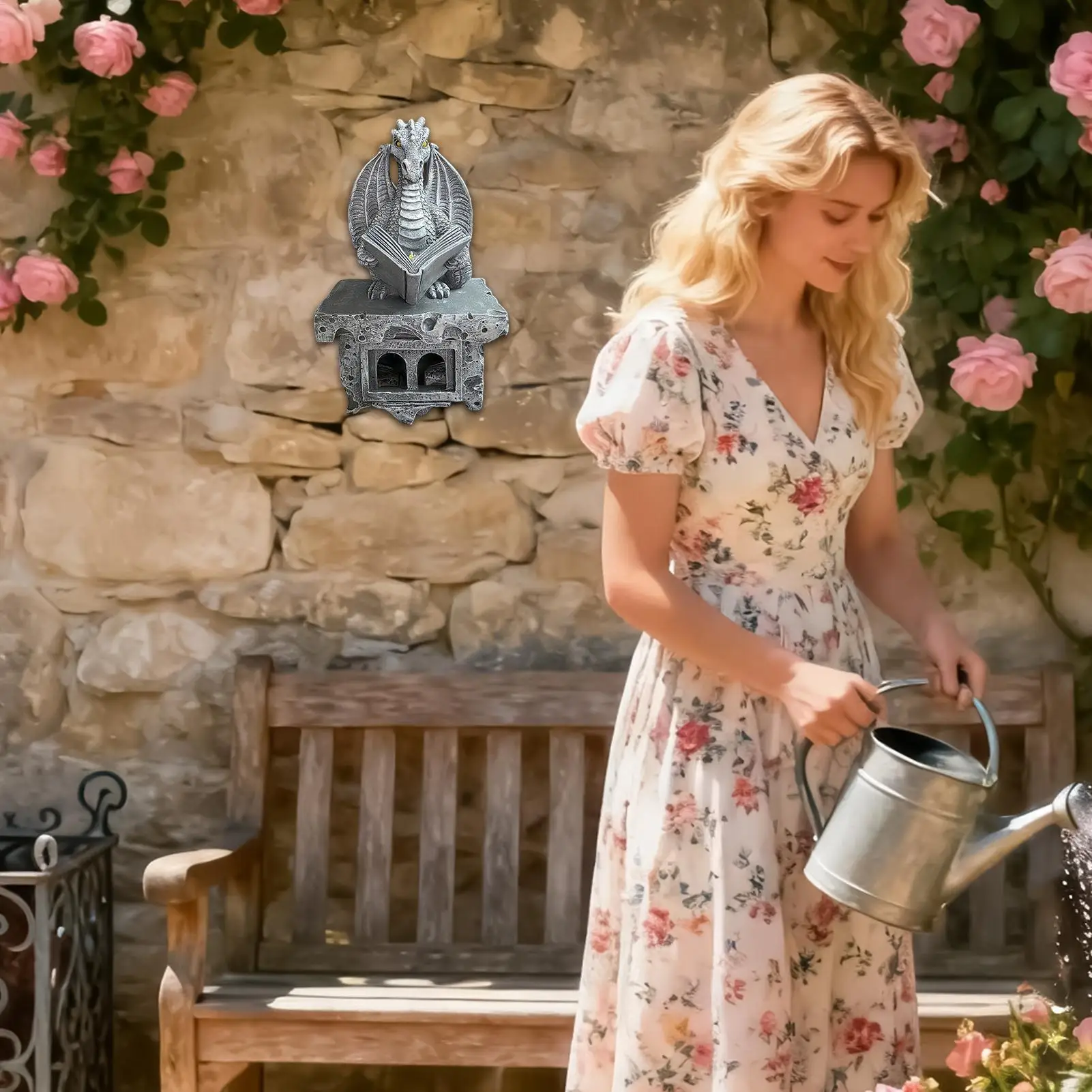 

Dragon Lamp Solar Powered Wall Mount Resin Reading Book Dragon Decor Solar Lights for Porch Patio Yard Garden Lawn Pathway