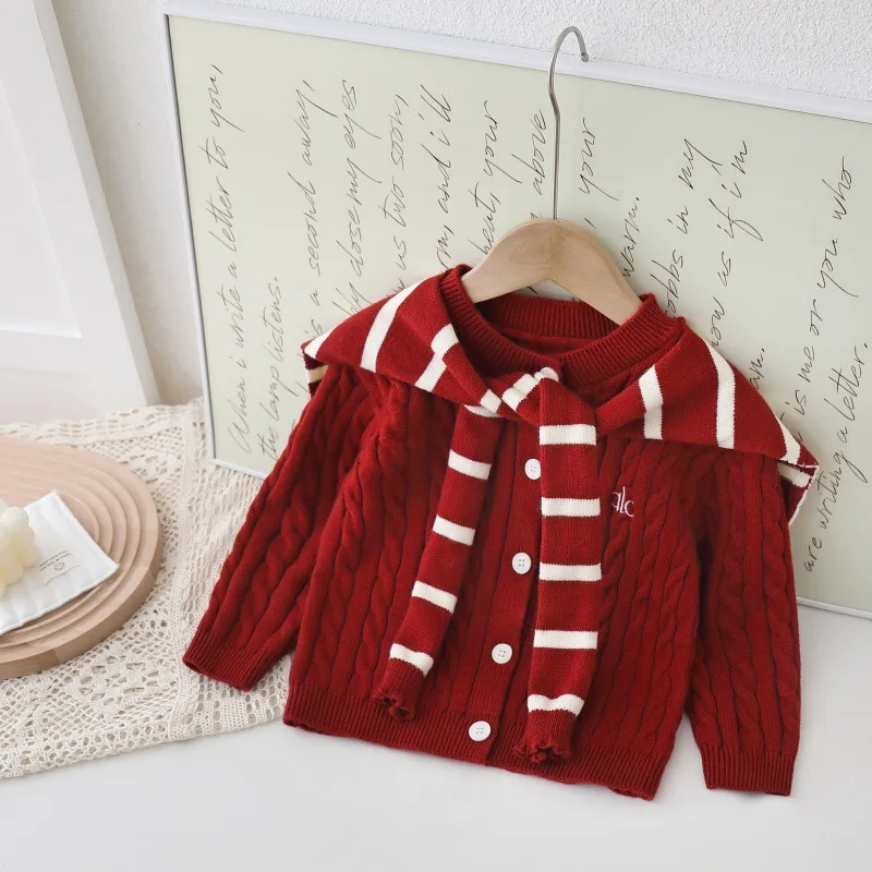 

Striped Knit Cardigan with Detachable Shaw Elegant Long Sleeve Blouse for Spring Fall Fashion Girls Sweater