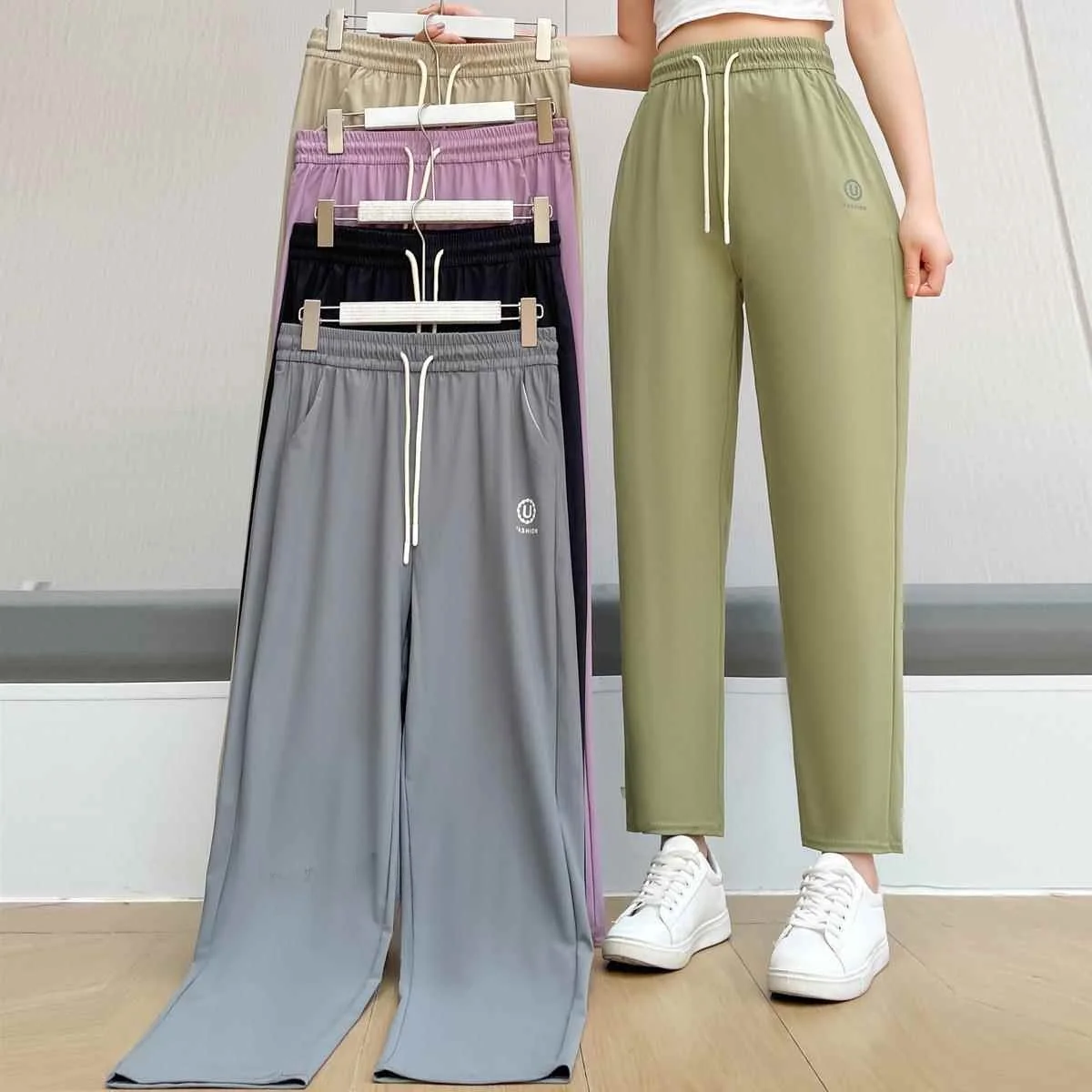  Summer New Qui Dry Ice Silk Casual Women's Pants Elastic High Waist Loose Fit Basic Sle Polyester Fiber High Waist