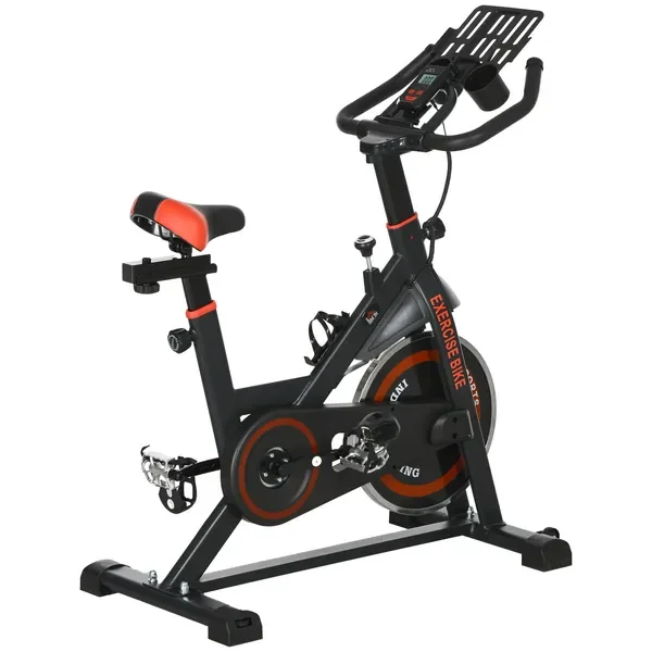 

Exercise Bike, Flywheel Indoor Stationary Bike, Adjustable Height & Resistance, with LCD Monitor, Pedal Cage and Shelf Tray