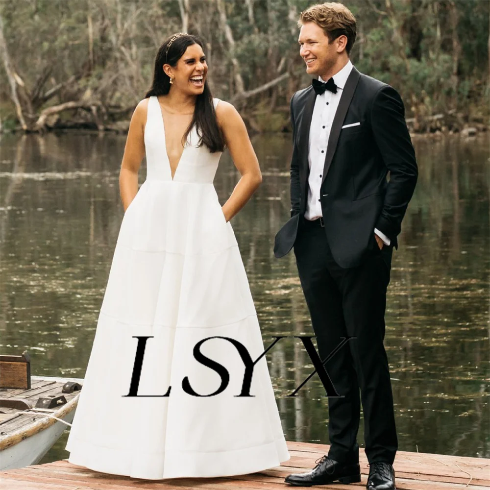 LSYX vestido de novia sencillo de satén con cuello en V profundo, sin mangas, con lazo y cremallera en la espalda, largo hasta el suelo, hecho a medida