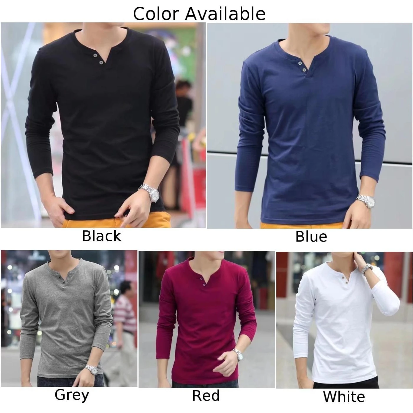 Casual T Shirt For Men Basic Solid Color Long-Sleeve Pullover Button V Neck Slim Undershirt Tees Tops Man Clothing