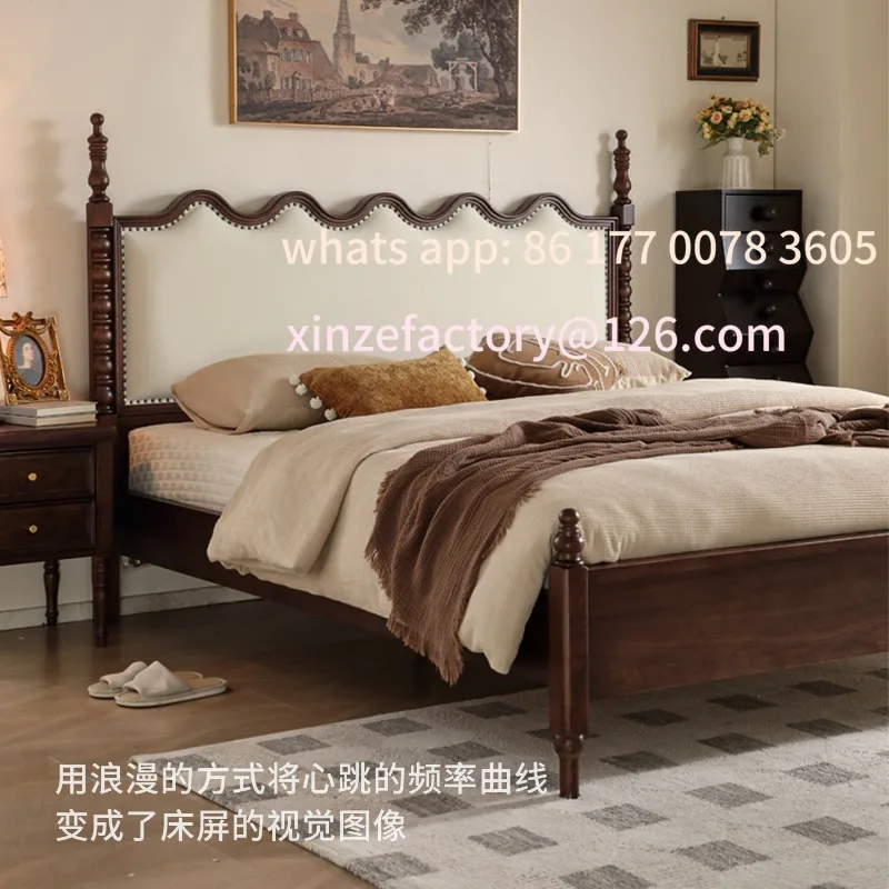 

Customizable French Vintage Wave Ripple Solid Wood Red Oak Medieval Double Bed 1.8 meters Master Bedroom Furniture