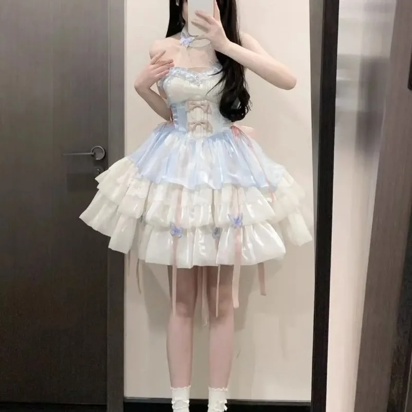 اليابانية Kawaii القوس الدانتيل لوليتا المرأة الحلو لطيف نفخة الأكمام ضئيلة الوردي فساتين صغيرة الإناث Pretty2025 جديد فستان الأميرة الجنية