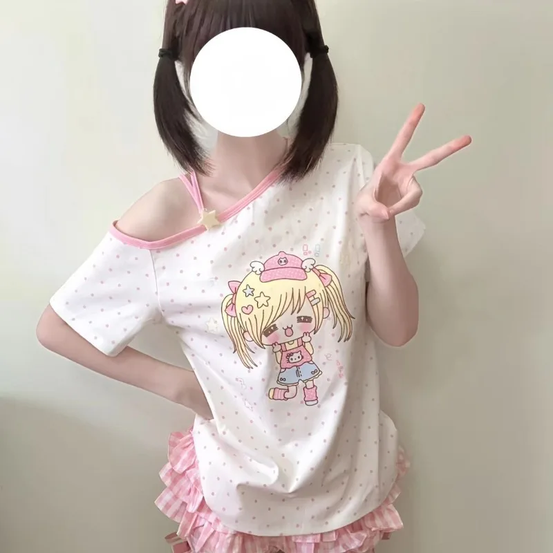 

Dopamine Sweet Hottie T-shirts Japanese Subculture Cute Anime Print T Shirt Kawaii Polka Dot Tees Women's Loose Casual Chic Tops