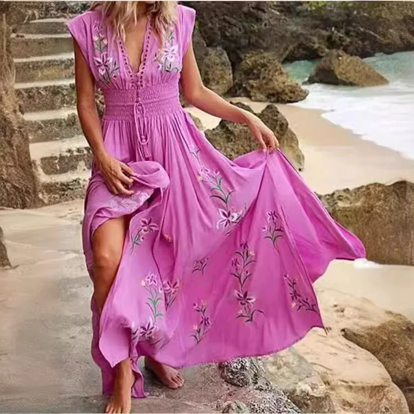 Boho-Kleid für Damen, gerüscht, V-Ausschnitt, Blumenmuster, Vintage, hohe Taille, A-Linie, langes Kleid, ärmellos, Schnürung, Jacquard, Maxi-Sommerkleid
