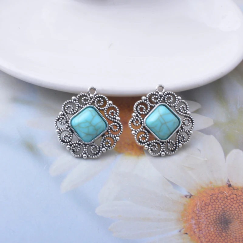 10pcs Antique Silver Color Alloy Imitation turquoise stone Sun Flower Square Earrings Charms Jewelry Dreamcatcher Pendants