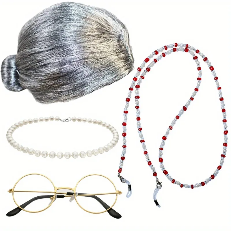 

Curly Gray Granny Wig Set with Wig Cap, Glasses Chain and Pearls Old Ladies Costume Wig Halloween Role Play Party Accessory